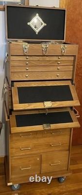 Gun Display Case Oak 15 Drawer Pistol Knife Wood Rolling Storage Chest Cabinet
