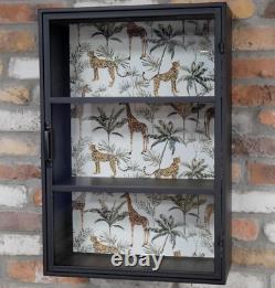 Industrial Wall Cabinet Safari Print Display Unit Black Metal Storage Cupboard