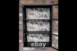 Industrial Wall Cabinet Safari Print Display Unit Black Metal Storage Cupboard