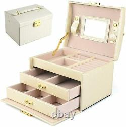 Jewelry Box Organizer Three-layer Leather Earring Rings Storage Display Case