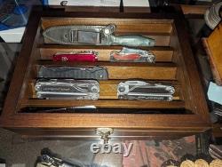 Knife Display Case 16+ Wood Walnut EDC Pocket Knives Watch Organizer Storage Box