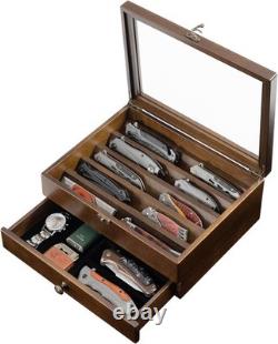 Knife Display Case 16+ Wood Walnut EDC Pocket Knives Watch Organizer Storage Box