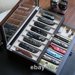 Knife Display Case 17+ Wood Walnut EDC Pocket Knives Watch Organizer Storage Box