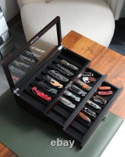 Knife Display Case, 22-26 Slot Storage Box, Ebony Veneer, 3-Tier, Lockable