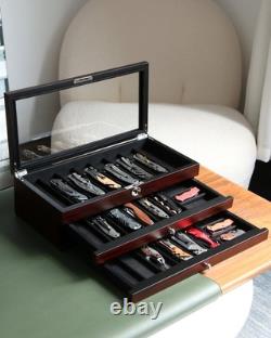 Knife Display Case, 22-26 Slot Storage Box, Ebony Veneer, 3-Tier, Lockable