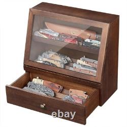 Knife Display Case 22 Wood Walnut EDC Pocket Knives Organizer Drawer Storage Box