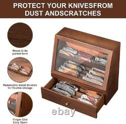 Knife Display Case 22 Wood Walnut EDC Pocket Knives Organizer Drawer Storage Box