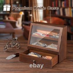 Knife Display Case 22 Wood Walnut EDC Pocket Knives Organizer Drawer Storage Box