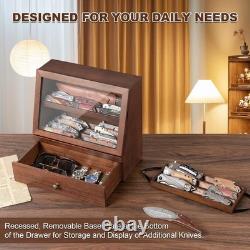 Knife Display Case 22 Wood Walnut EDC Pocket Knives Organizer Drawer Storage Box