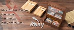 Knife Display Case 22 Wood Walnut EDC Pocket Knives Organizer Drawer Storage Box
