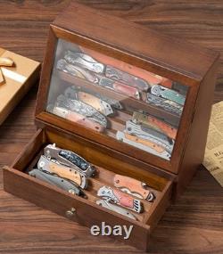 Knife Display Case 22 Wood Walnut EDC Pocket Knives Organizer Drawer Storage Box