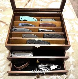 Knife Display Case 22+ Wood Walnut EDC Pocket Knives Watch Organizer Storage Box