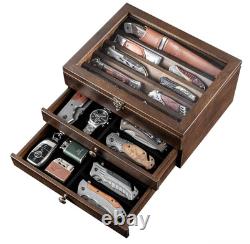 Knife Display Case 22+ Wood Walnut EDC Pocket Knives Watch Organizer Storage Box