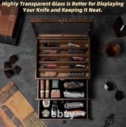 Knife Display Case 22+ Wood Walnut EDC Pocket Knives Watch Organizer Storage Box