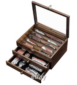 Knife Display Case 22+ Wood Walnut EDC Pocket Knives Watch Organizer Storage Box