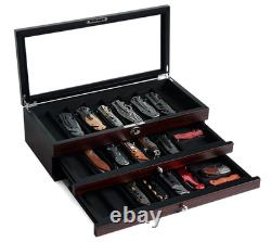 Knife Display Case 24+ Wood Ebony Pocket Knives Holder EDC Storage Organizer Box
