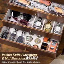 Knife Display Case 32+ Wood Walnut EDC Pocket Knives Watch Organizer Storage Box