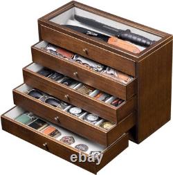 Knife Display Case 32+ Wood Walnut EDC Pocket Knives Watch Organizer Storage Box