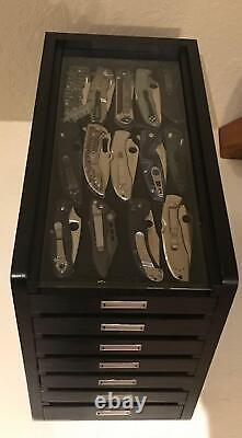 Knife Display Case Cabinet Black Wood Glass Coins Knives Drawer Storage Holder