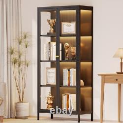 LED Metal Display Cabinet with3-Sided Glass Adjustable Shelves & Feet Storage Case