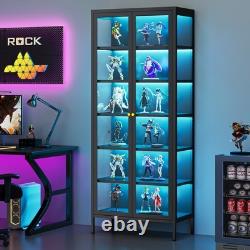 LED Metal Display Cabinet with3-Sided Glass Adjustable Shelves & Feet Storage Case