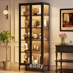 LED Metal Display Cabinet with3-Sided Glass Adjustable Shelves & Feet Storage Case