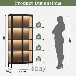 LED Metal Display Cabinet with3-Sided Glass Adjustable Shelves & Feet Storage Case