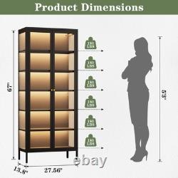 LED Metal Display Cabinet with3-Sided Glass Adjustable Shelves & Feet Storage Case
