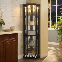 Lighted Corner Curio Cabinet Elegant Glass Display Case Storage for Living Room