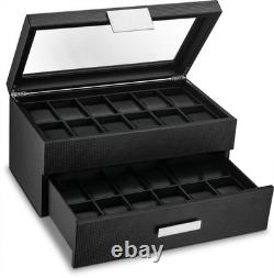 Mens 24 Slot Luxury Watch Display Case Carbon Fiber Leather Pillows Storage Hold