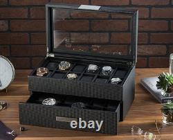 Mens 24 Slot Luxury Watch Display Case Carbon Fiber Leather Pillows Storage Hold