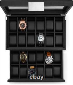 Mens 24 Slot Luxury Watch Display Case Carbon Fiber Leather Pillows Storage Hold