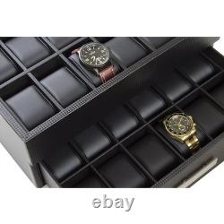 Mens 24 Slot Luxury Watch Display Case Carbon Fiber Leather Pillows Storage Hold