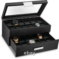 Mens 24 Slot Luxury Watch Display Case Carbon Fiber Leather Pillows Storage Hold