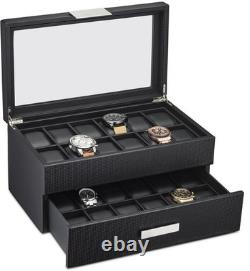 Mens 24 Slot Luxury Watch Display Case Carbon Fiber Leather Pillows Storage Hold Mens 24 Slot Luxury Watch Display Case Carbon Fiber Leather Pillows Storage Hold