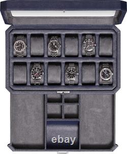 Modern 12 Slot Watch Display Case with Drawer Dark Blue/Grey Luxury Storage