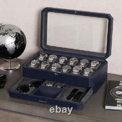 Modern 12 Slot Watch Display Case with Drawer Dark Blue/Grey Luxury Storage
