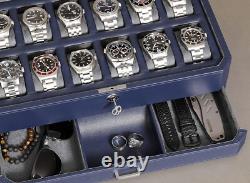 Modern 12 Slot Watch Display Case with Drawer Dark Blue/Grey Luxury Storage