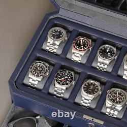 Modern 12 Slot Watch Display Case with Drawer Dark Blue/Grey Luxury Storage