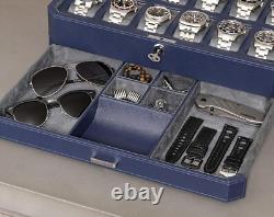 Modern 12 Slot Watch Display Case with Drawer Dark Blue/Grey Luxury Storage