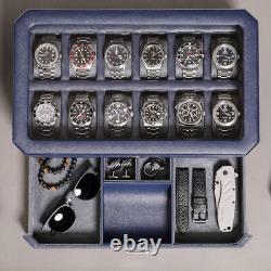 Modern 12 Slot Watch Display Case with Drawer Dark Blue/Grey Luxury Storage