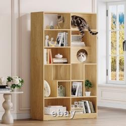 Modern 2 IN 1 Wood Bookshelf Cat House Cat Tree Display Case with Storage