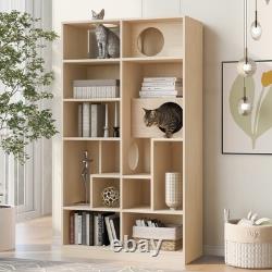 Modern 2 IN 1 Wood Bookshelf Cat House, Cat Tree Display Case with Storage