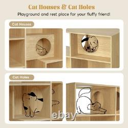 Modern 2 IN 1 Wood Bookshelf Cat House Cat Tree Display Case with Storage