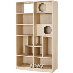 Modern 2 IN 1 Wood Bookshelf Cat House, Cat Tree Display Case with Storage