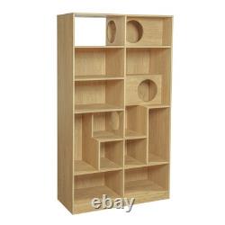 Modern 2 IN 1 Wood Bookshelf Cat House Cat Tree Display Case with Storage