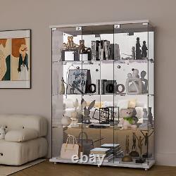 NEW Glass Display Cabinet White WithMirror 4 Shelves 3 Door Storage Case For Curio