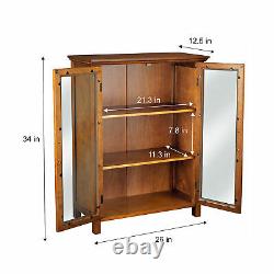 Oak Finish Floor Cabinet Curio Case Display Storage Shelf Glass Doors Bathroom