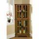 Oak Finish Wooden Corner Curio Cabinet Glass Doors Display Shelves Storage Case