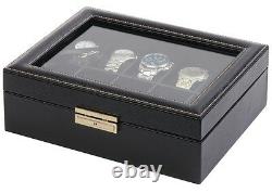 Orbita Roma 10 Watch Case Glass Top Display Storage Box Black Leather W93011
